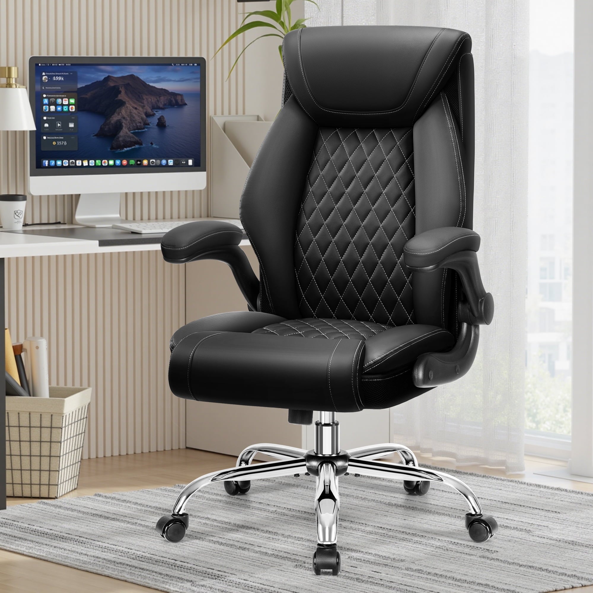 FASTES Ergonomic Office Chair, Big and Tall Leather Desk Chair with Footrest and Lumbar Support, 2-Position Reclining Executive Computer Chair, Black