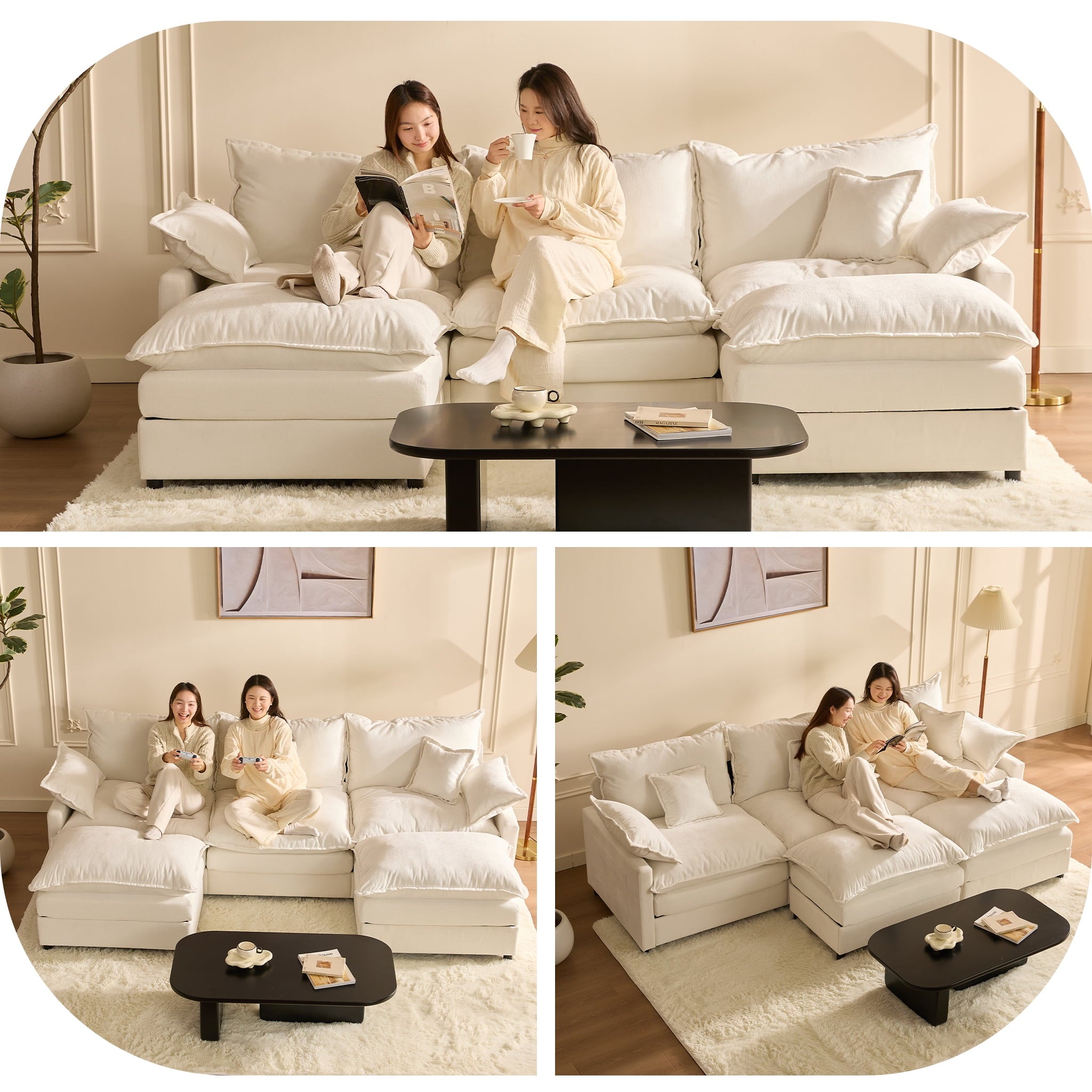 LAKPS 3-Seat Sectional Sofa Couch, Cloud-Style Deep Seating Sleeper Sofa with Included Throw Pillows, Linen Upholstery, Modern Living Room Sofa, Cream White