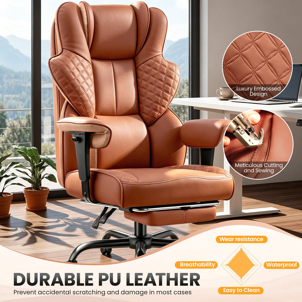 COOLHUT Big and Tall Office Chair 500lbs, Heavy Duty Ergonomic Office Desk Chair with Deluxe Embossing PU Leather with Footrest, Executive Gaming Chair with Lumbar Support, Brown