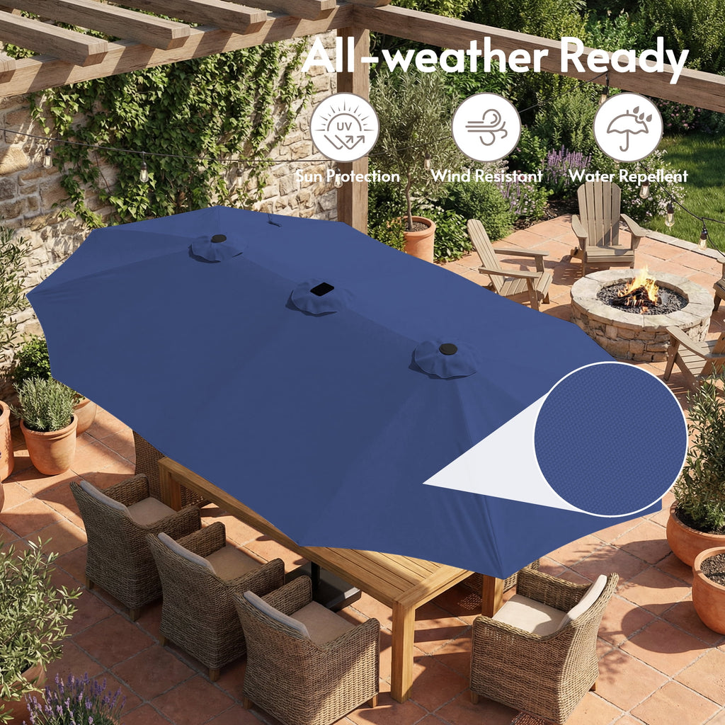 LAZZO 15ft Large Patio Umbrella with Base and Lights, Double-Sided Rectangular Outdoor Deck Umbrella, Tiki Style