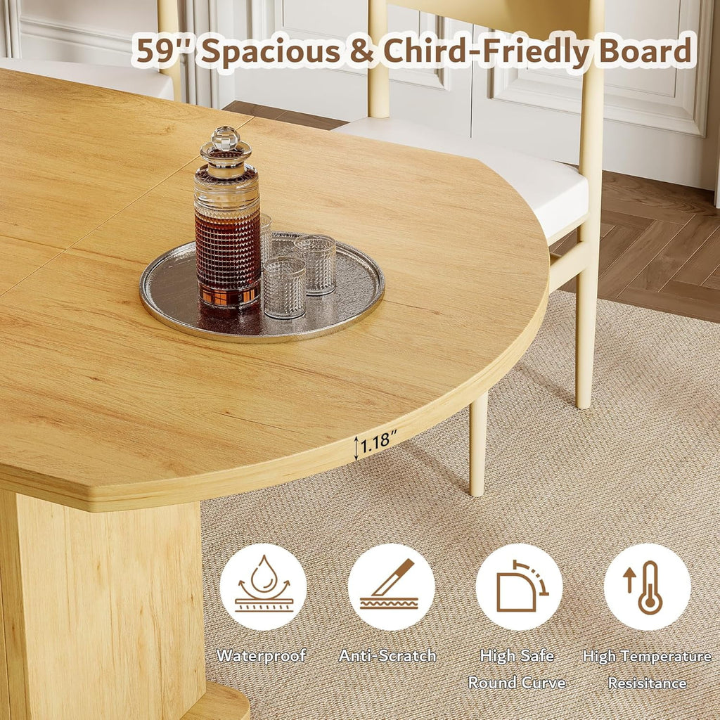 iPormis Extendable Round Dining Table for 4-6, 59'' Modern Kitchen Table with 2-Tier Storage Shelf, Wood Door, MDF Board, Space Saving Oval Dinner with Sturdy Pedestal Base, Kitchen, Dining,Walnut