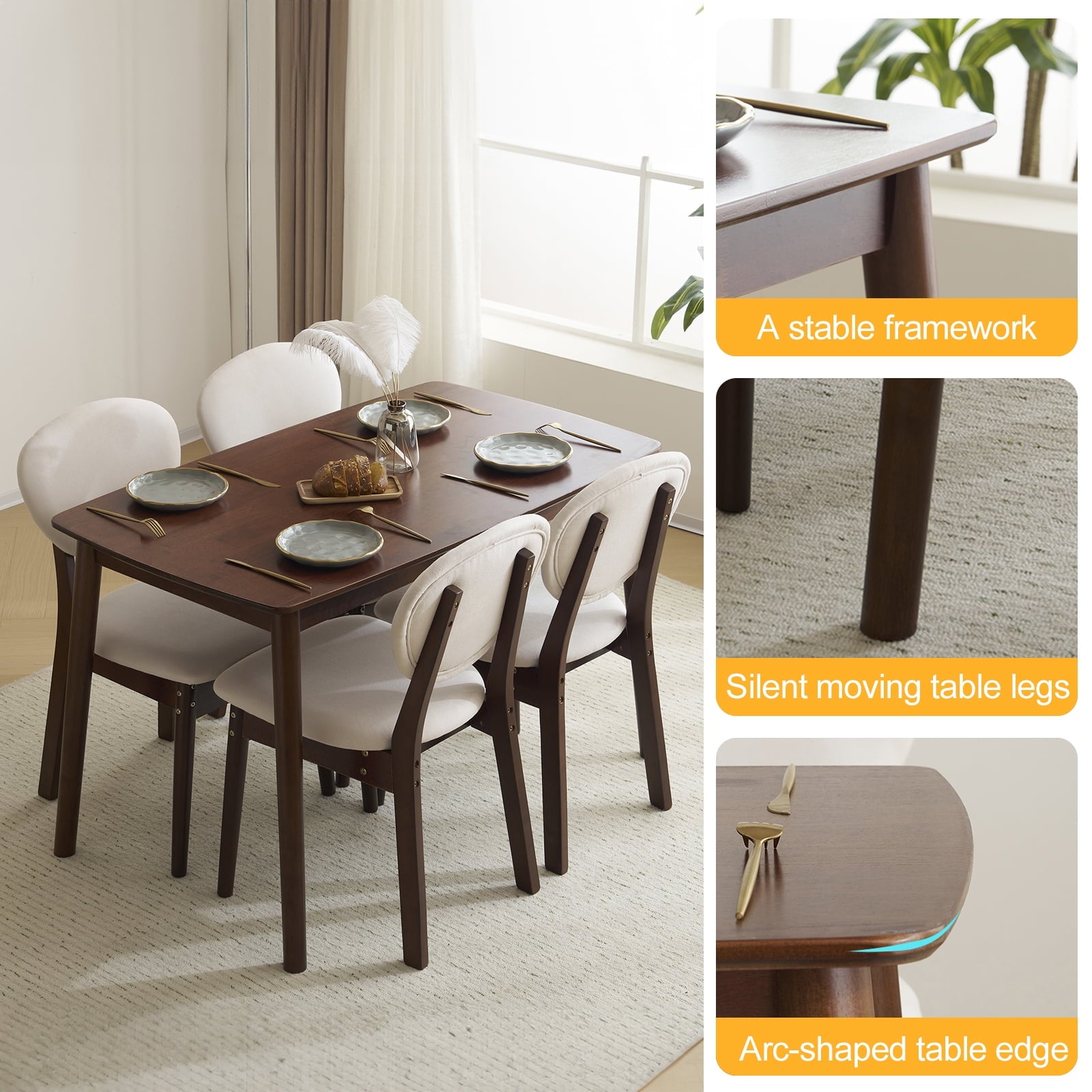 Ktaxon Dining Table Set for 4 Solid Wood Dinner Table with Padded Chairs for Home Kitchen Restaurant 47 Wood Color