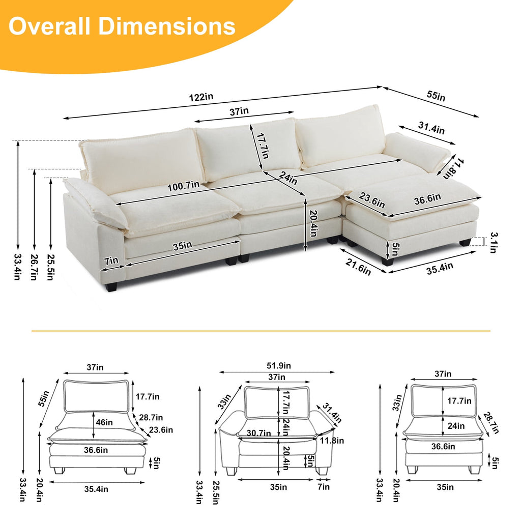Ktaxon Sectional Sofa L Shaped Couch with Chaise Living Room Sleeper Set, 2 Seats with Chenille and Double Layer Cushions 86 W Beige