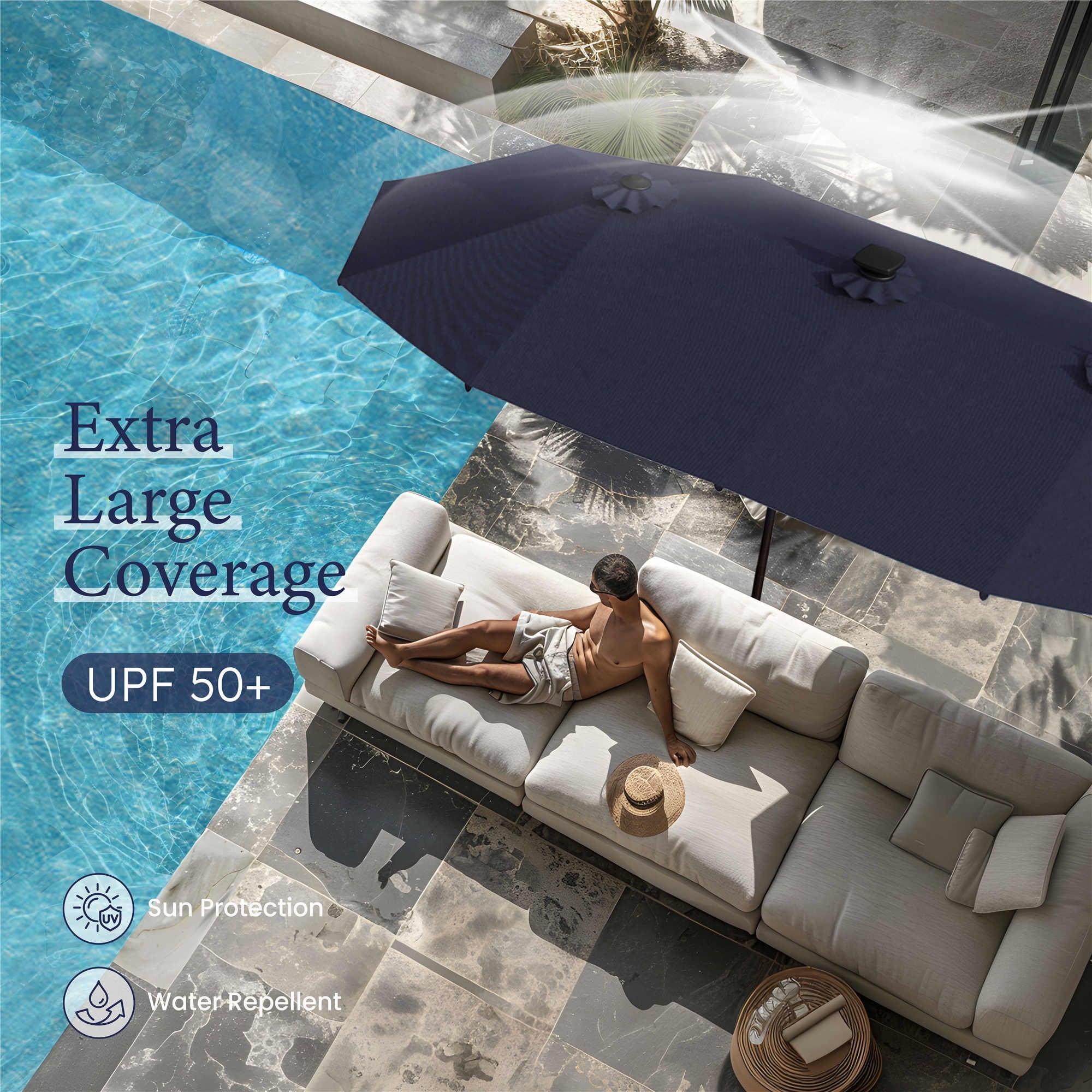 SUMMIT LIVING 13ft Large Patio Umbrella with Multi-Color LED Solar Lights Double-Sided Rectangular Outdoor Table Umbrella – Beige