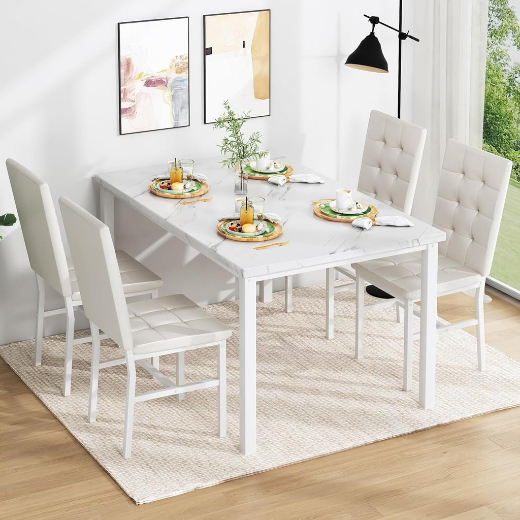 MOOSENG 5-Piece Dining Table Set with Faux Marble Top, Modern Kitchen Table and Set of 4 Grey Velvet Upholstered Chairs, Space-Saving Dinette Set for Small Spaces