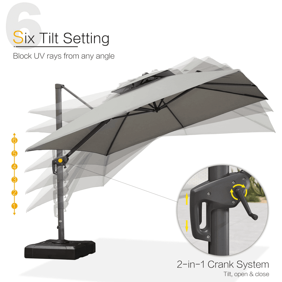 PURPLE LEAF Cantilever Umbrellas 12FT Square Large Patio Umbrella Offset Umbrella with 360°Rotation Tilting And Hanging Double Top, Grey