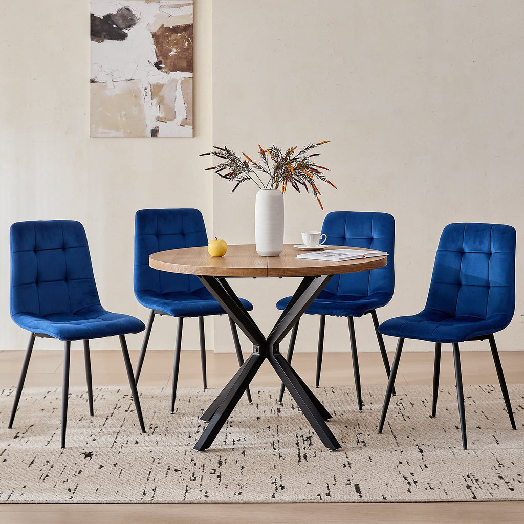 5 Piece 39 Round Dining Table Set for 4, Mid Century Kitchen Table with 4 Khaki Fabric Upholstered Dining Chairs for Apartment Living Room, Space Saving Table.