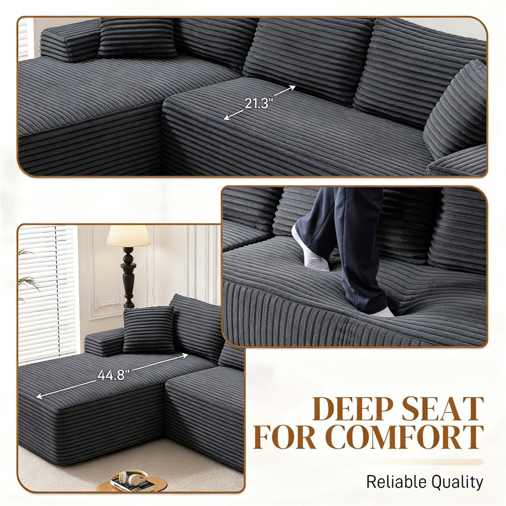 Aukfa 95 Cloud Sectional Sofa Deep Seat Boneless Couch Modular L-Shaped Couch, Left Chaise Corduroy Sofa for Living Room, Black