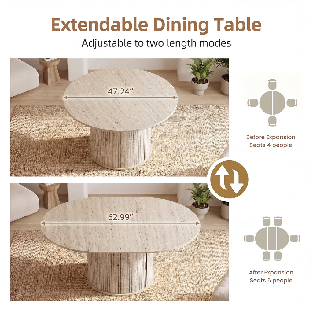 EOP 47″- 63″ Extendable Round Dining Table for 4-6, Wooden Kitchen Table with Hidden Storage and Fluted Sliding Door Cabinet, Modern Space-Saving Table for Dining Room Kitchen, Walnut