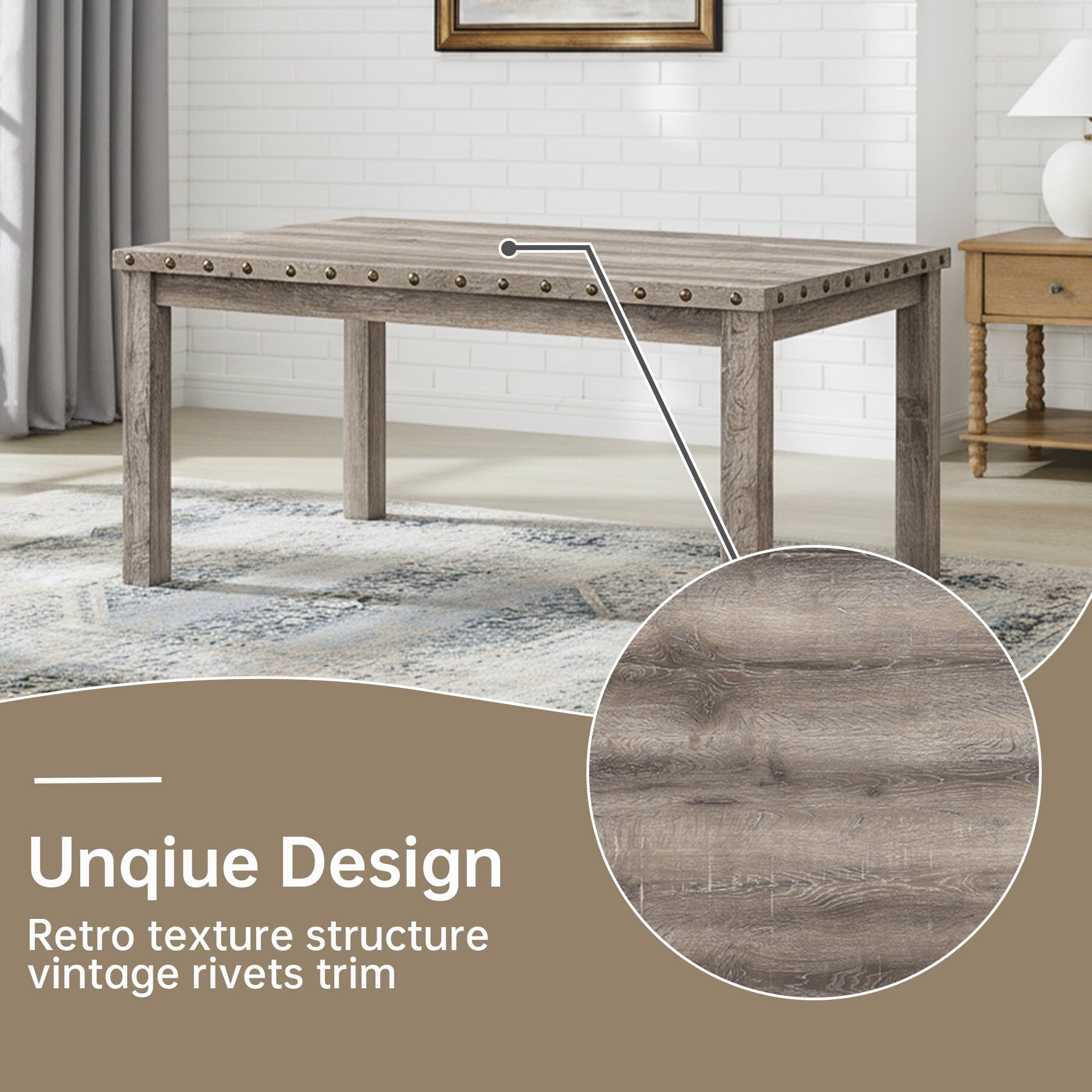 Farmhouse Dining Table Set for 6, Rectangular Wooden Table& 6 Upholstered Kitchen Chairs with Nailhead Accents for Dining Hub,Breakfast Nook