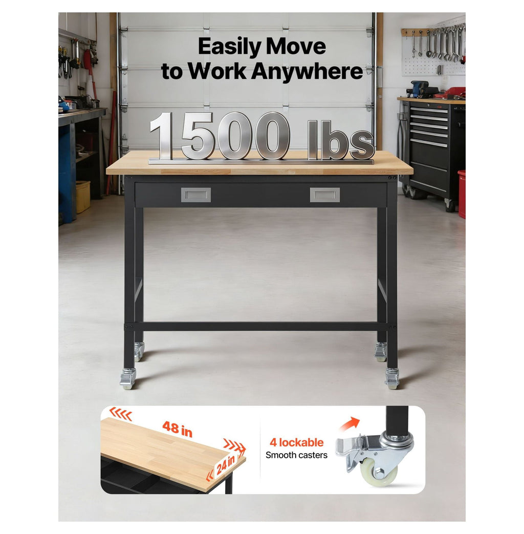 48-inch Workbench with Drawer and Wheels, 1500 lbs Capacity, Heavy Duty Oak Wood Top Work Table for Garage, Workshop, Office
