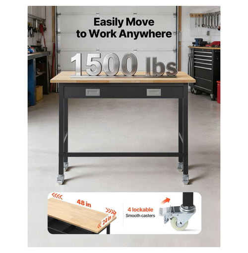 48-inch Workbench with Drawer and Wheels, 1500 lbs Capacity, Heavy Duty Oak Wood Top Work Table for Garage, Workshop, Office