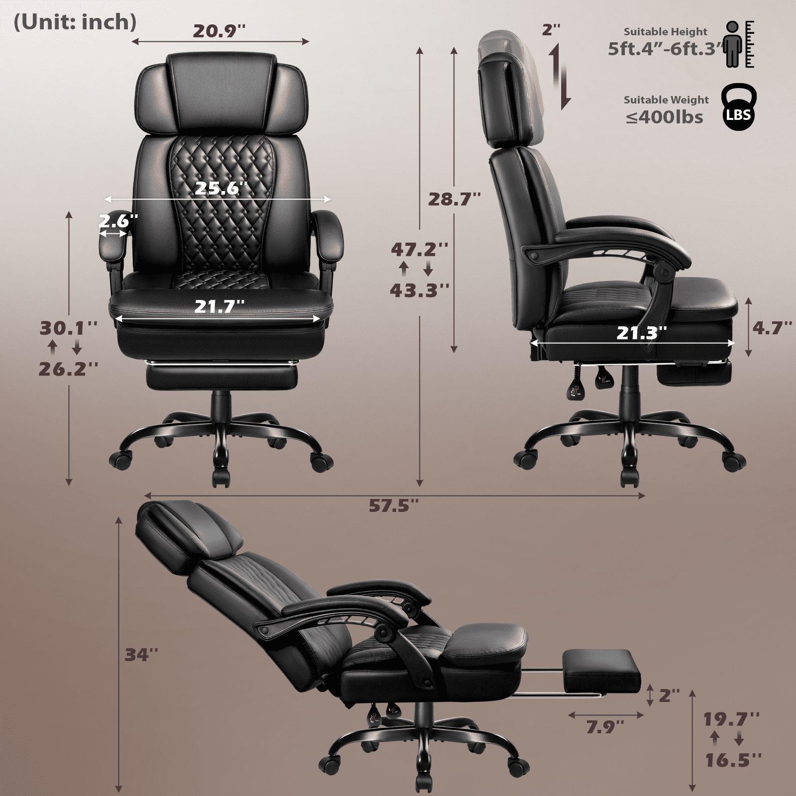 Waleaf Office Chair with Footrest,90-165°Reclining Ergonomic High Back Computer Desk Chair Lumbar Support for Home Office