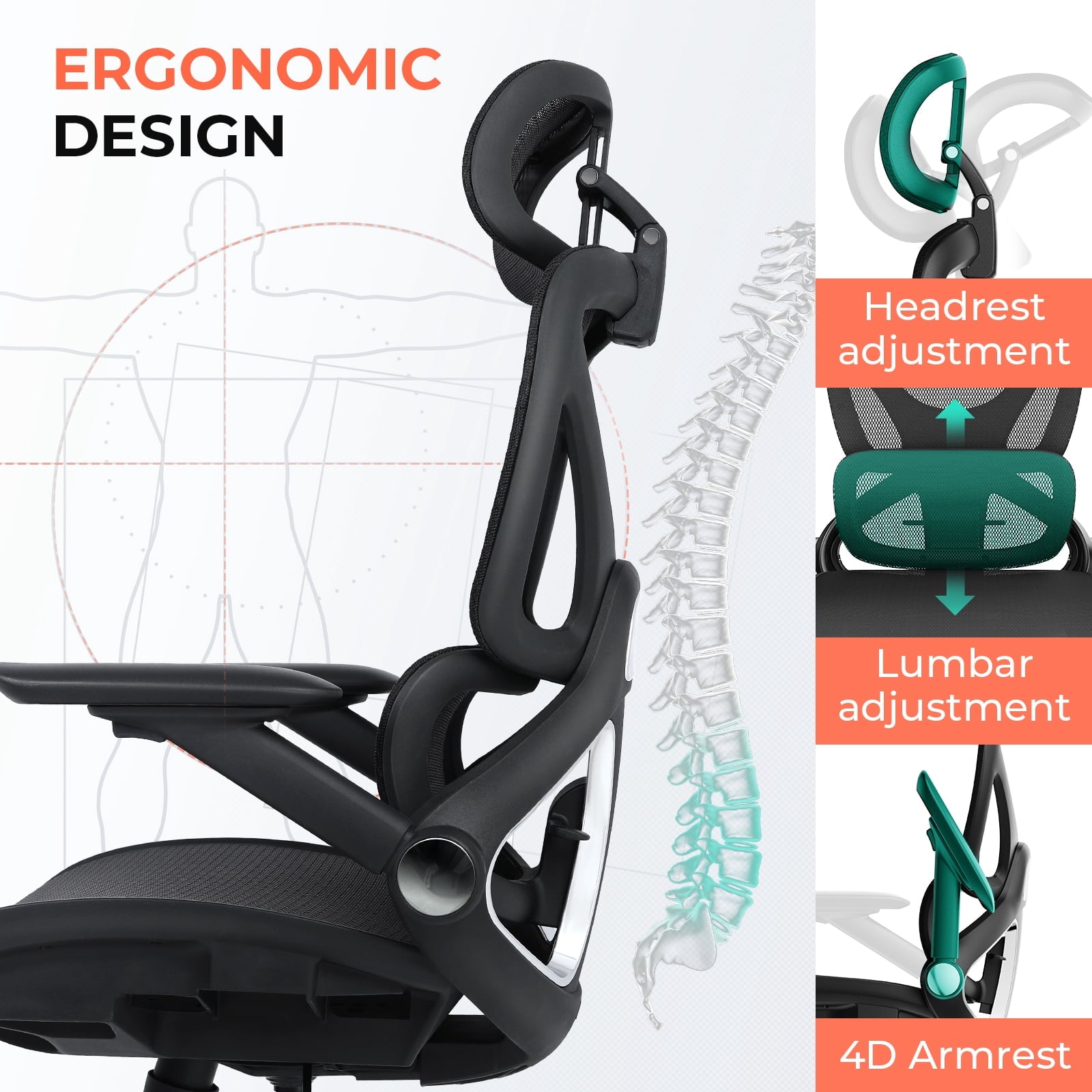 Ergonomic Mesh Office Chair with Adjustable Lumbar Support, Flip-Up Arms, Headrest, Swivel Task Chair for Home Office