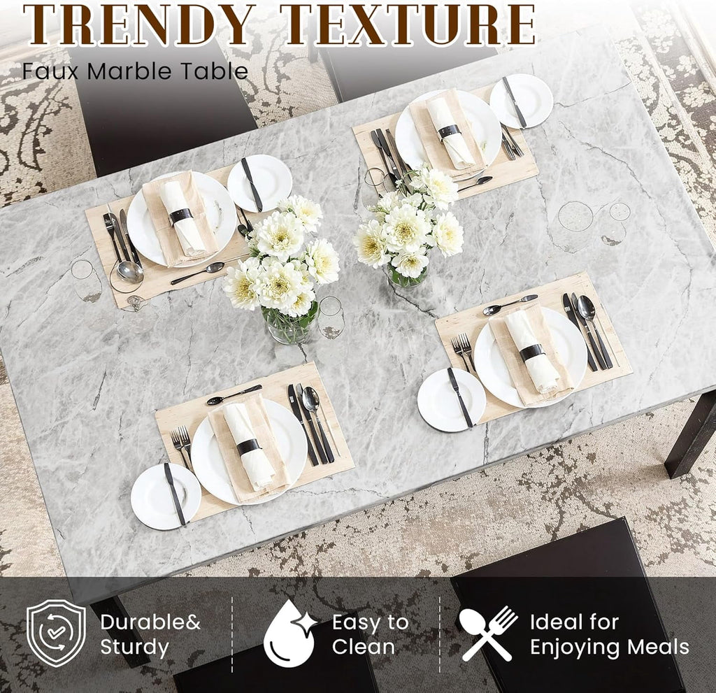 Baxluxe Dining Table Set for 4, Space Saving Rectangle Dining Table with 4 Velvet Dining Chairs, Faux Marble Kitchen Table and Chairs Set, Modern Dining Room Set for Kitchen, Pub, Beige+Gray
