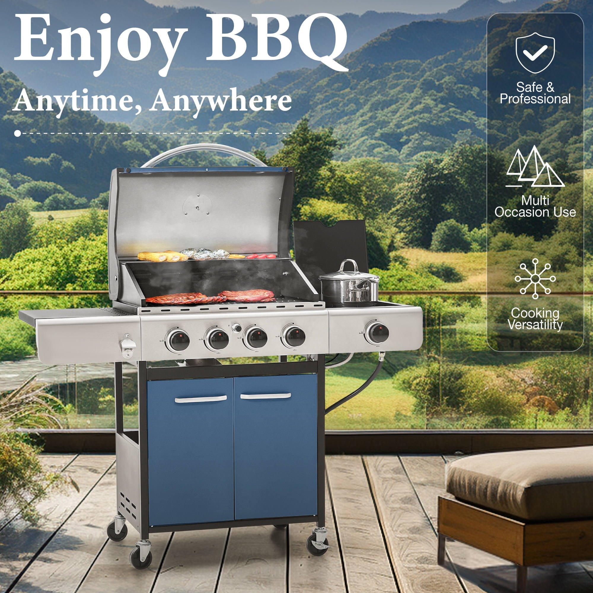 MF Studio 4 Burner Propane Gas Outdoor Grill with Side Burner Stainless Steel BBQ Grill