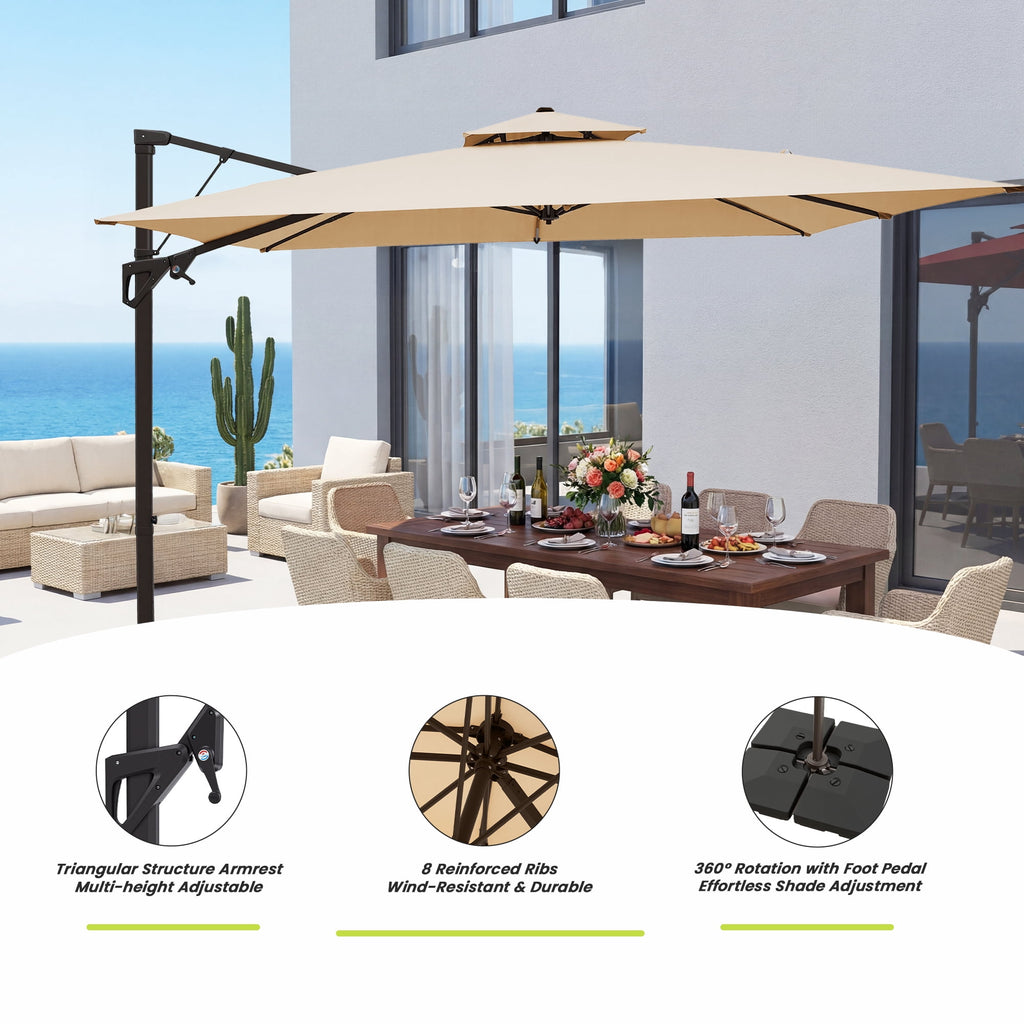 FUNDAZE 10x10ft Cantilever Patio Umbrella with Cross Base & Cover, Waterproof UV Resistant for Garden Poolside Cafe & Deck, Beige