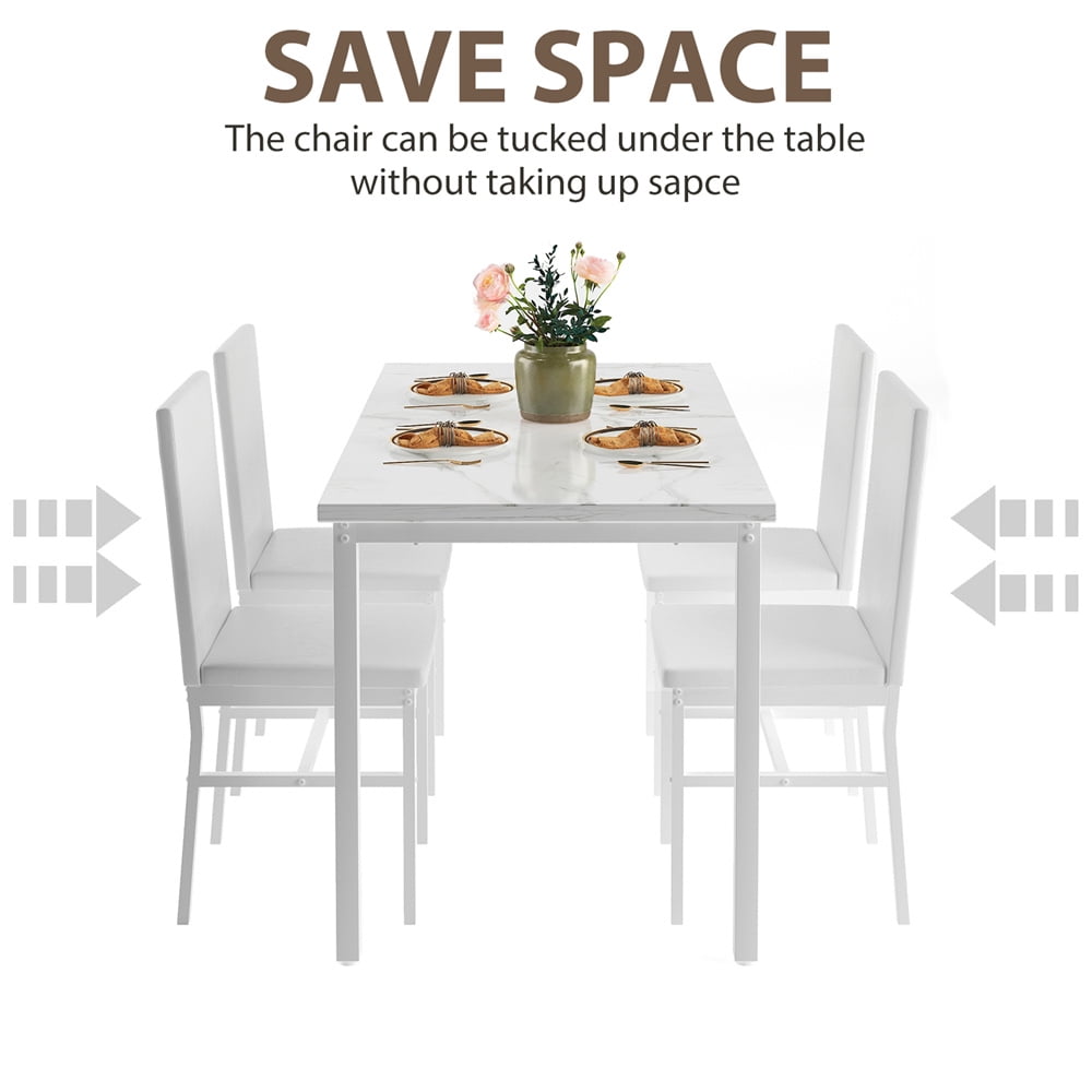 UHOMEPRO Dining Table Set for 4, 5 Piece Dining Room Table Set with Gray Velvet Upholstered Chairs, White Faux Marble Pattern Rectangle Kitchen Table Set for Breakfast Nook Small Space