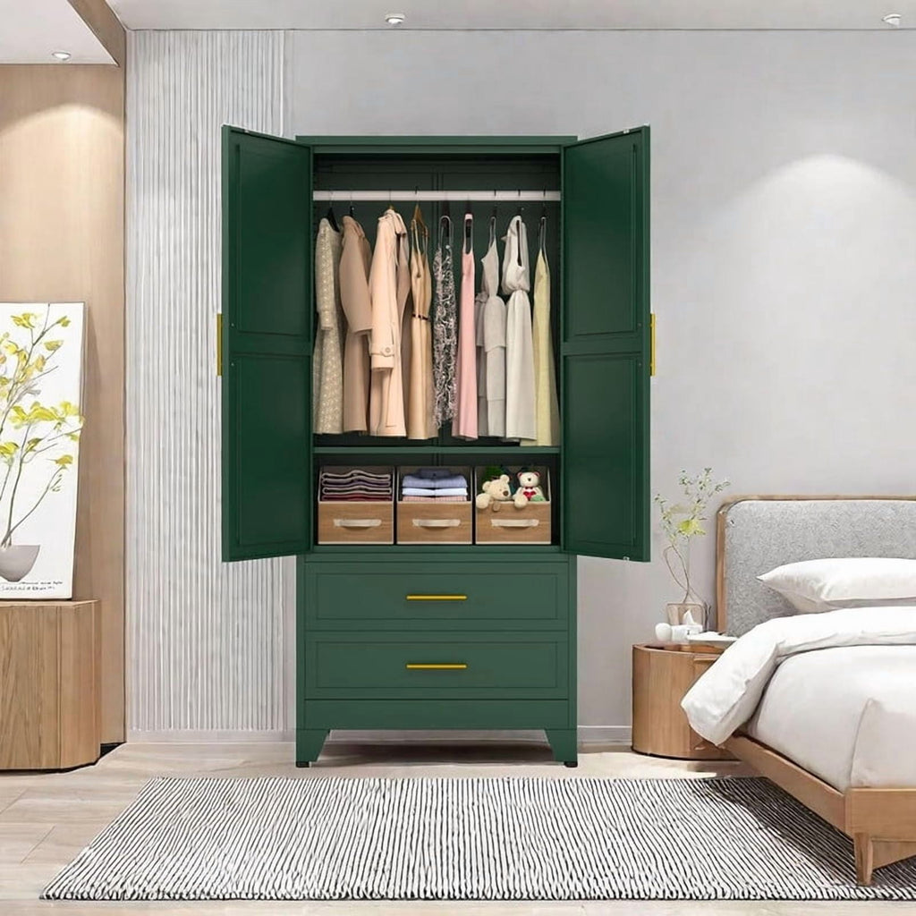 EROSOEI Metal Freestanding Armoire Wardrobe Clost With Hanging Rod and Drawers