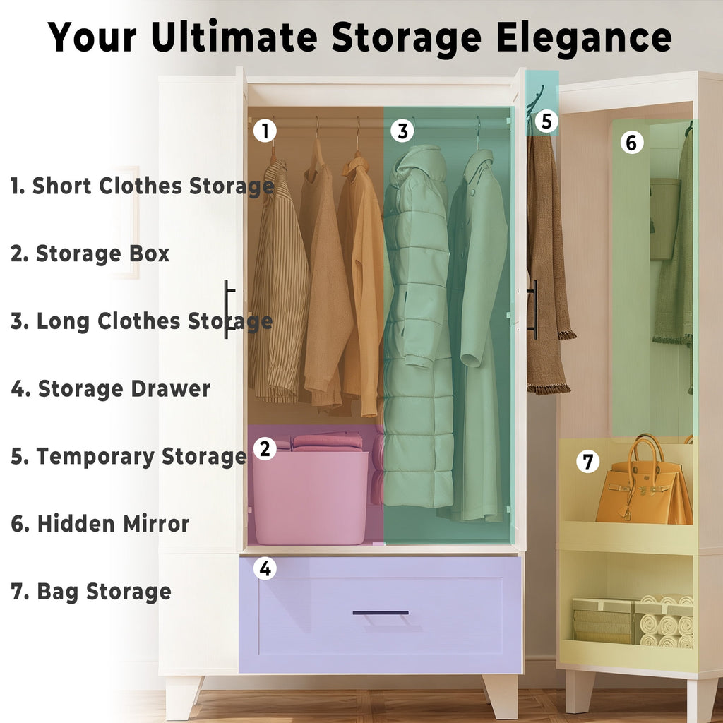 IRONCK 67 Tall Wardrobe Closet with Mirror & Drawer, White Wooden Bedroom Armoire Cabinet with Side Shelves and Hooks