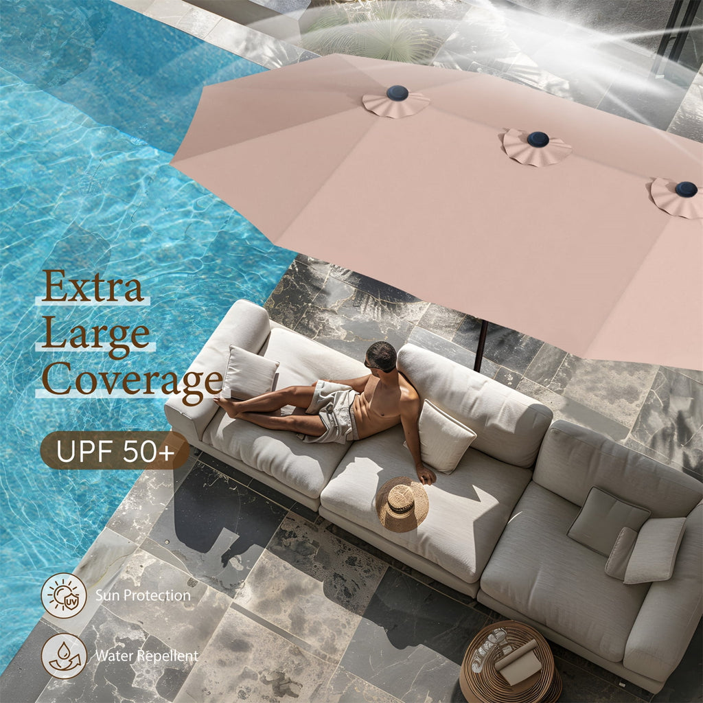 SUMMIT LIVING 15 ft Large Patio Umbrella with Base (Included) Double-Sided Rectangular Outdoor Deck Umbrella for Outside - Beige