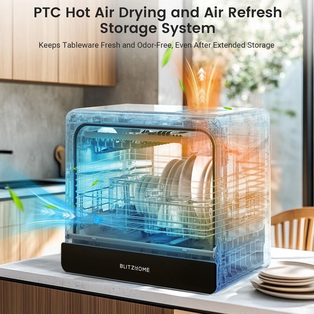 BLITZHOME Smart Wifi Countertop Dishwasher, 9 Programs,5.2L Built-in Water Tank ,3-Spray Arms & 24H Timing,No Installation Needed