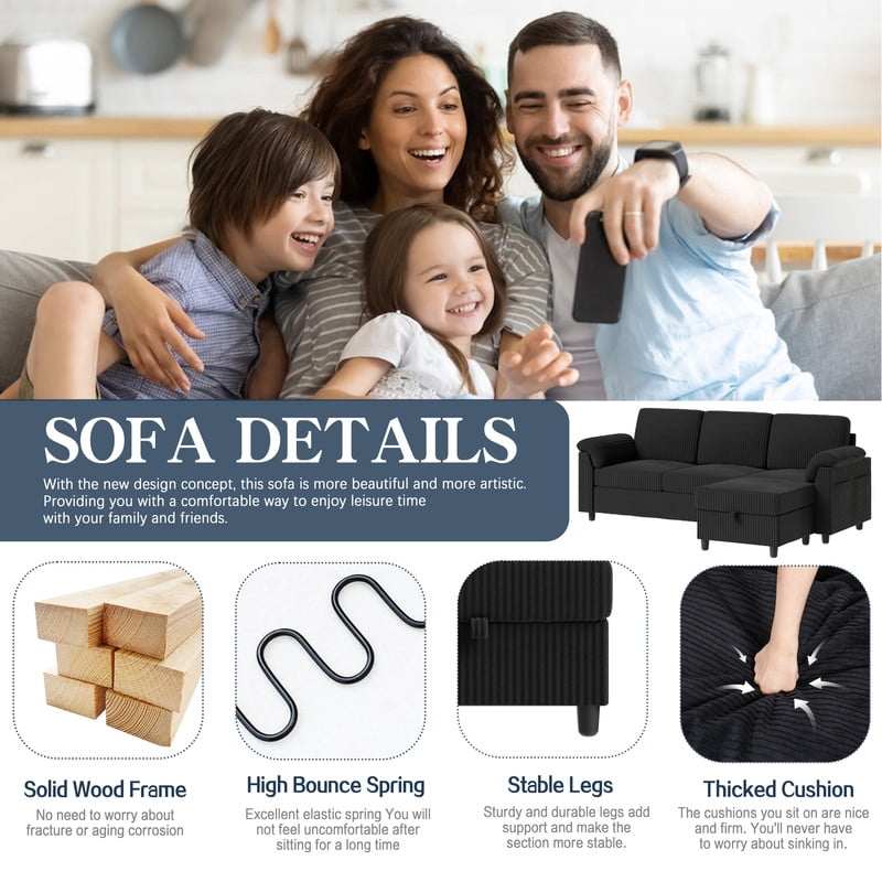 Walsunny 69 Convertible Sectional Sofa Couch with Storage Ottoman,L Shaped Sofa with Removable Pillows & Linen Fabric, Modern 3-Seat Couch with Reversible Storage Chaise,Dark Gray