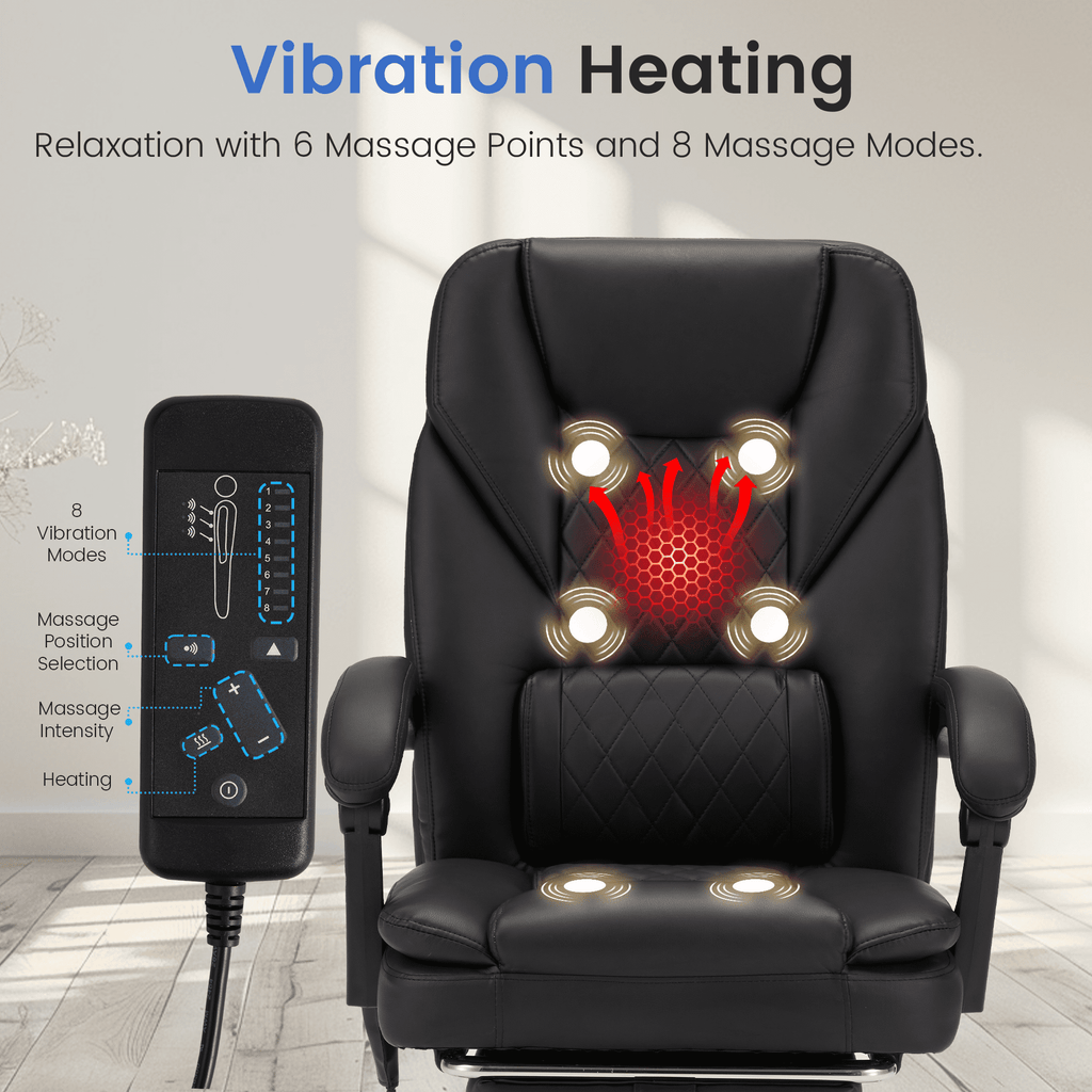 HOMREST Ergonomic Office Chair with 6-Point Massage & Heating, Adjustable Executive Desk Chair with Retractable Footrest, PU Leather Home Office Desk Chair for Home & Office (Black)