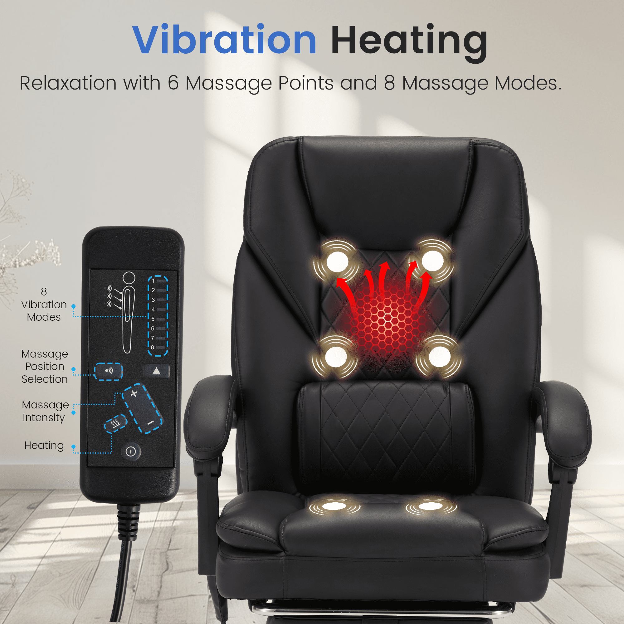 HOMREST Ergonomic Office Chair with 6-Point Massage & Heating, Adjustable Executive Desk Chair with Retractable Footrest, PU Leather Home Office Desk Chair for Home & Office (Black)