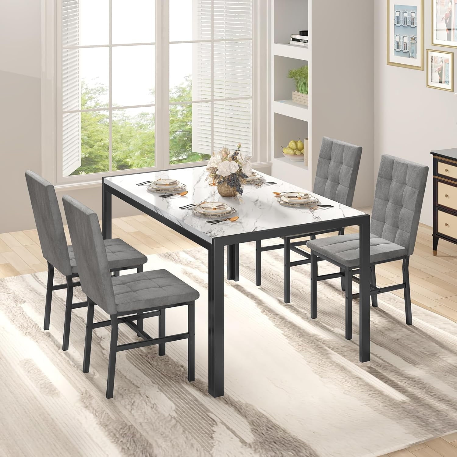 LinkRomat 5-Piece Faux Marble Dining Table Set for 4, Modern Kitchen Table with Chairs, Dinette Dining Room Furniture Set for Compact Space Saving