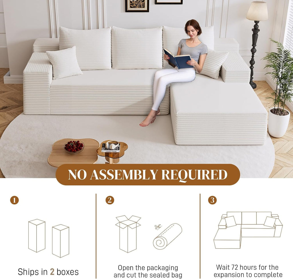 LLappuil 108 Sectional Sofa, Modular Sectional Couch with Left Chaise, Deep Seat Corduroy Cloud Sofa for Living Room Black