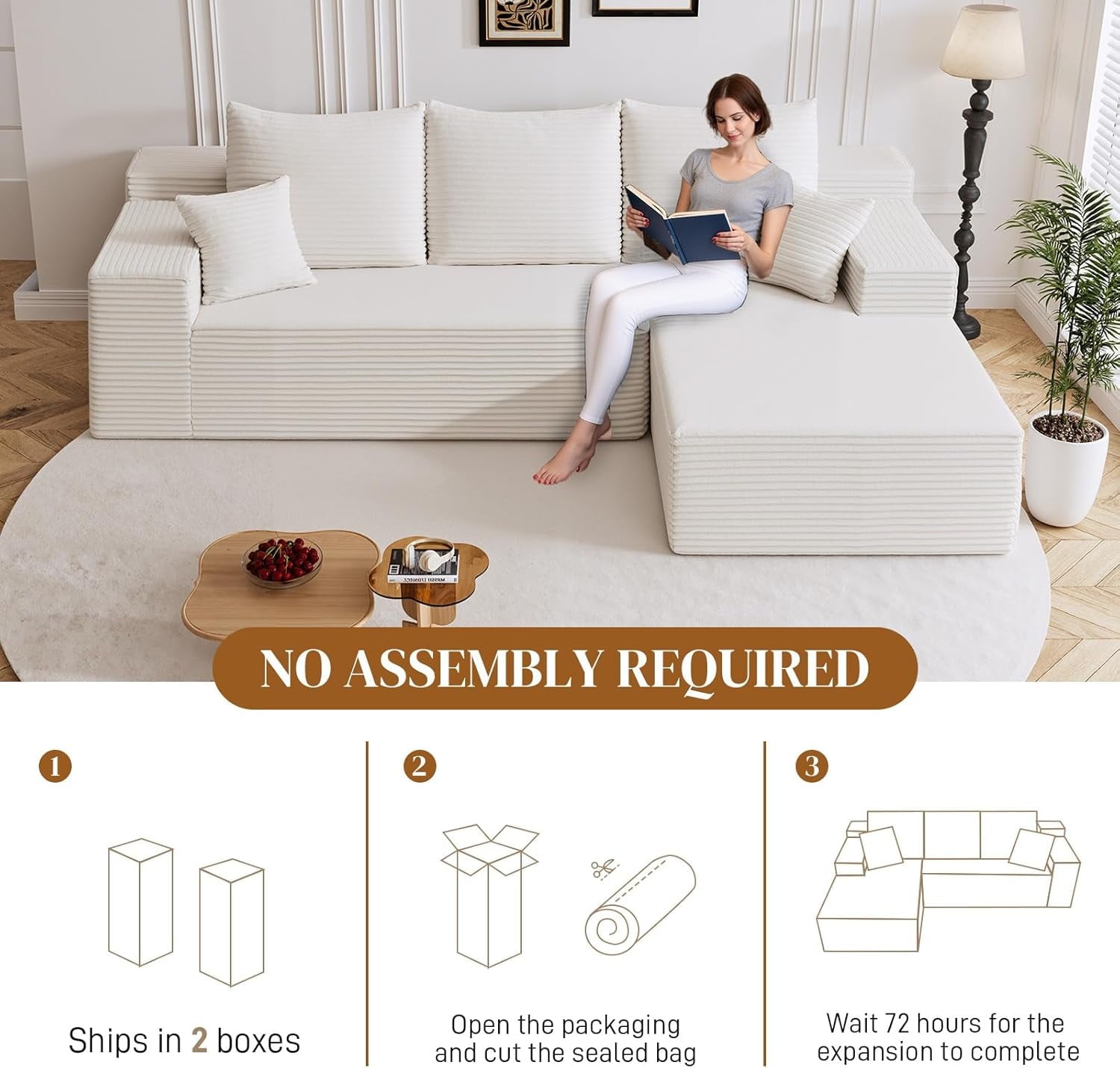 LLappuil 108 Sectional Sofa, Modular Sectional Couch with Left Chaise, Deep Seat Corduroy Cloud Sofa for Living Room Black