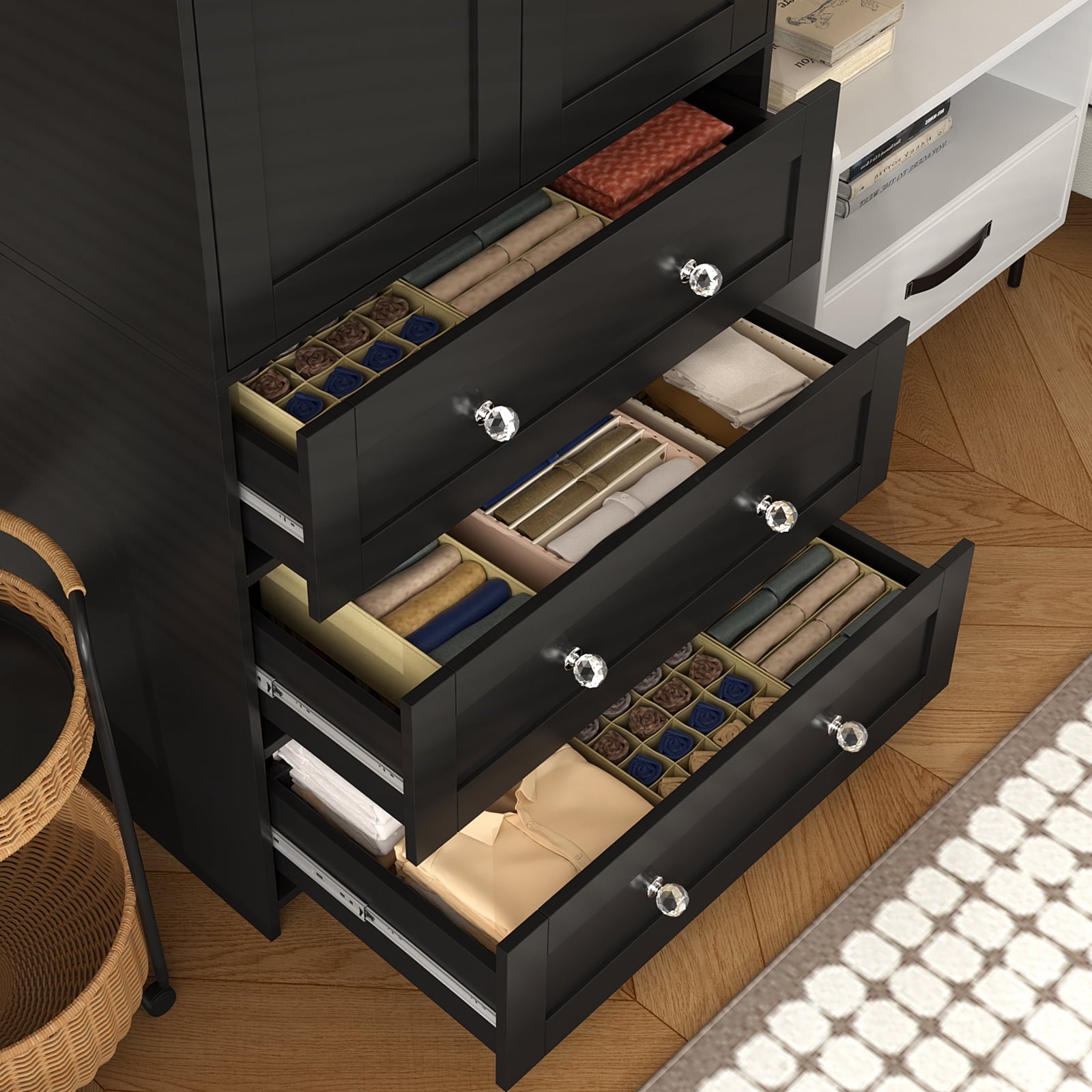 Richya Wooden Freestanding Wardrobe Closet Cabinet with 3 Drawers,Modern Wood Closet Storage Cabinet for Bedroom