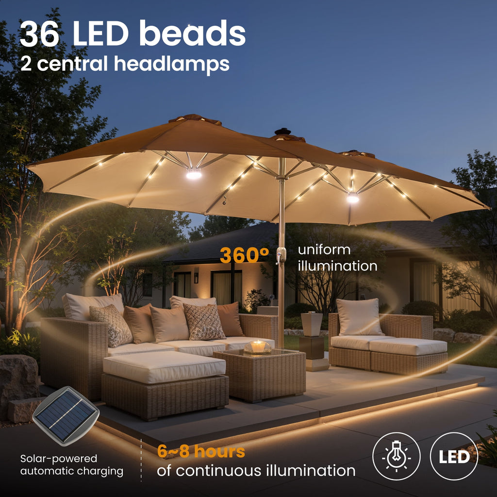 Ovios 15ft Solar LED Patio Umbrellas Double-Sided Outdoor Umbrella 36 LED Lights Large Poolside Umbrella with Base for Outside, Market, Backyard, Dark Grey