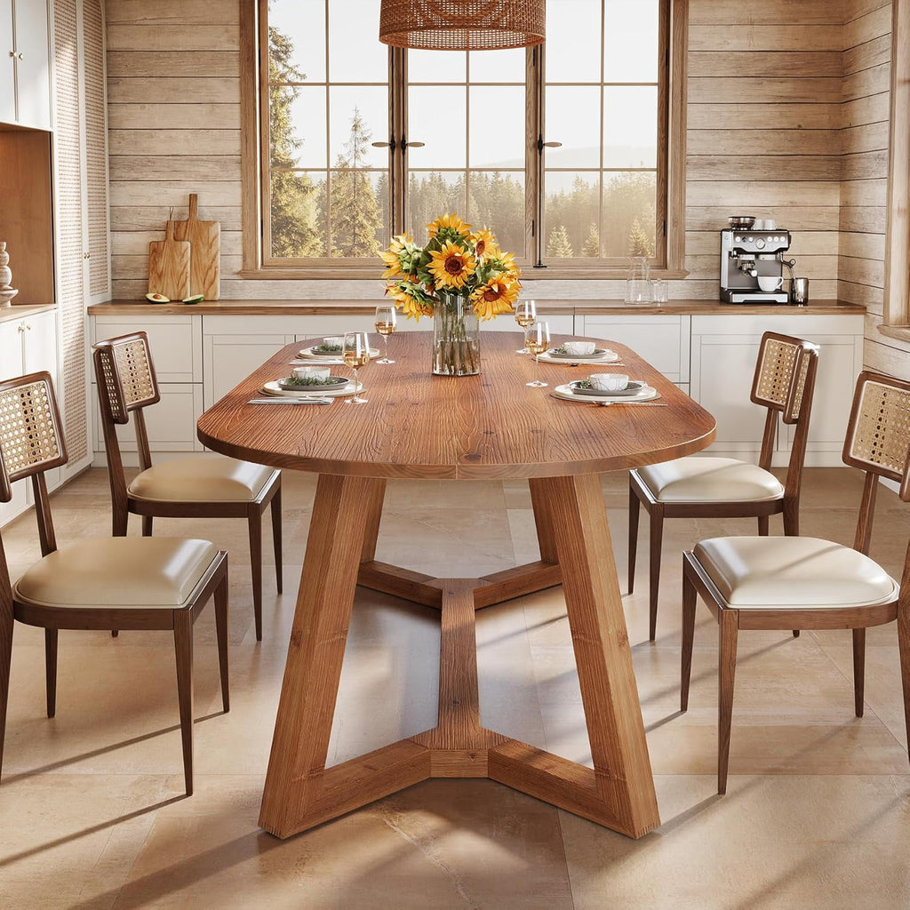 Tribesigns 63 Solid Wood Oval Dining Table, Farmhouse Kitchen Table for 4-6 People, Rusitc Wooden Dinner Table for Living Room, Dining Room (Natural Brown)