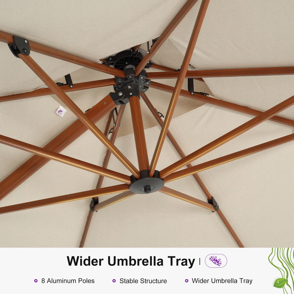 PURPLE LEAF 10FT Deluxe Square Wood Grain Patio Umbrella, Large Offset Cantilever Umbrella with 360° Rotation, Beige