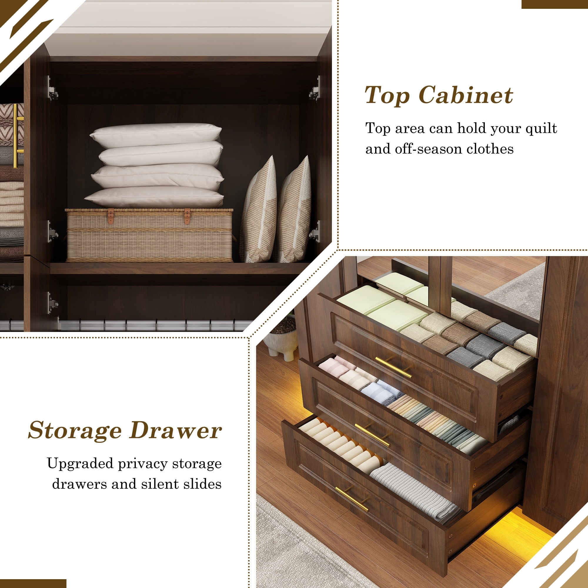 ChVans 3 Door Armoire Wardrobe Closet with Top Cabinet and Mirror, 94.5'' LED Wardrobe Armoire with 3 Drawers, Hanging Rod & Multi-Layer Shelves for Bedroom, Black