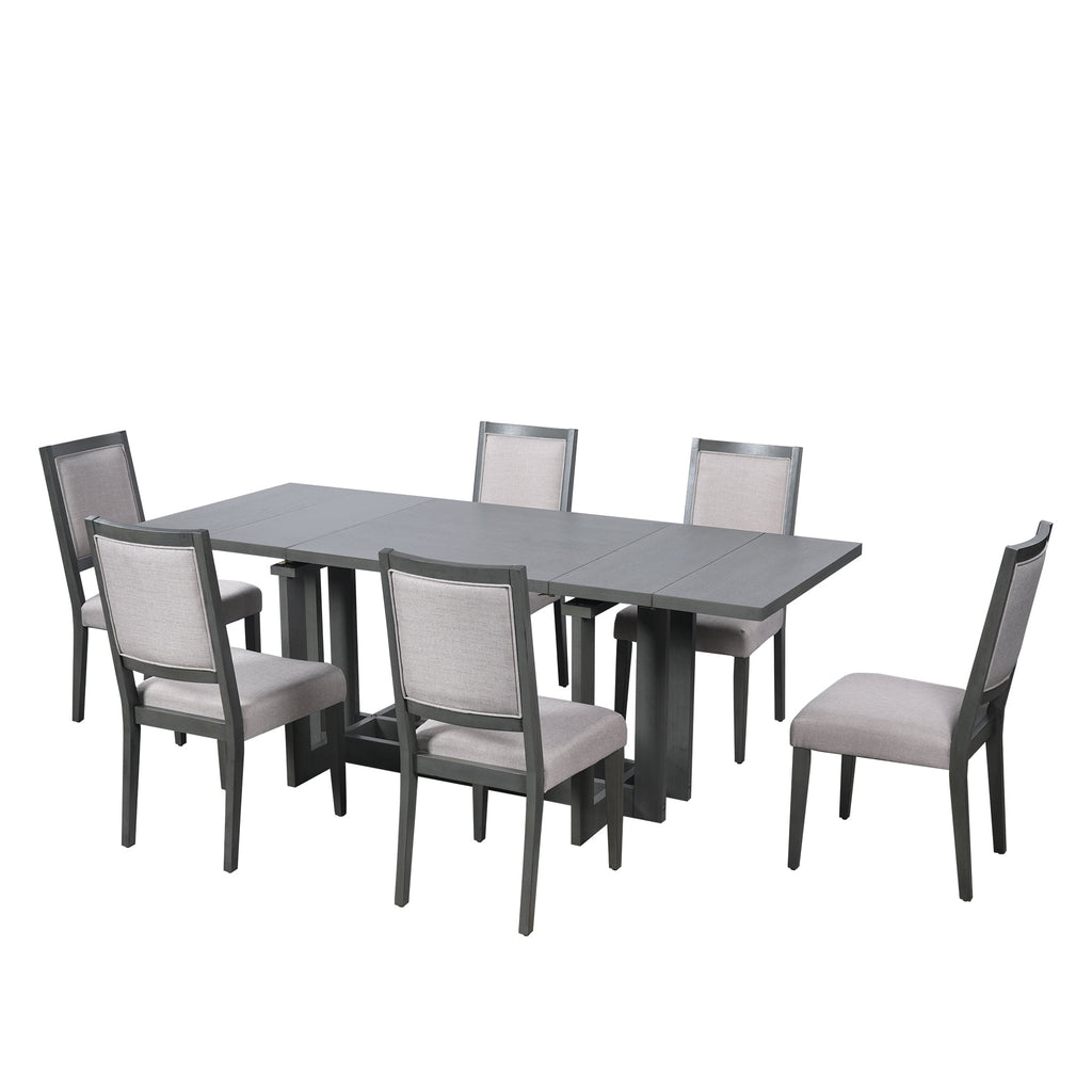 Harper & Bright Designs 7 Pieces Retro Dining Set for 6, Wood Rectangular Table with Designed Trestle Base and 6 Upholstered Chairs for Dining Room and Kitchen, Grey