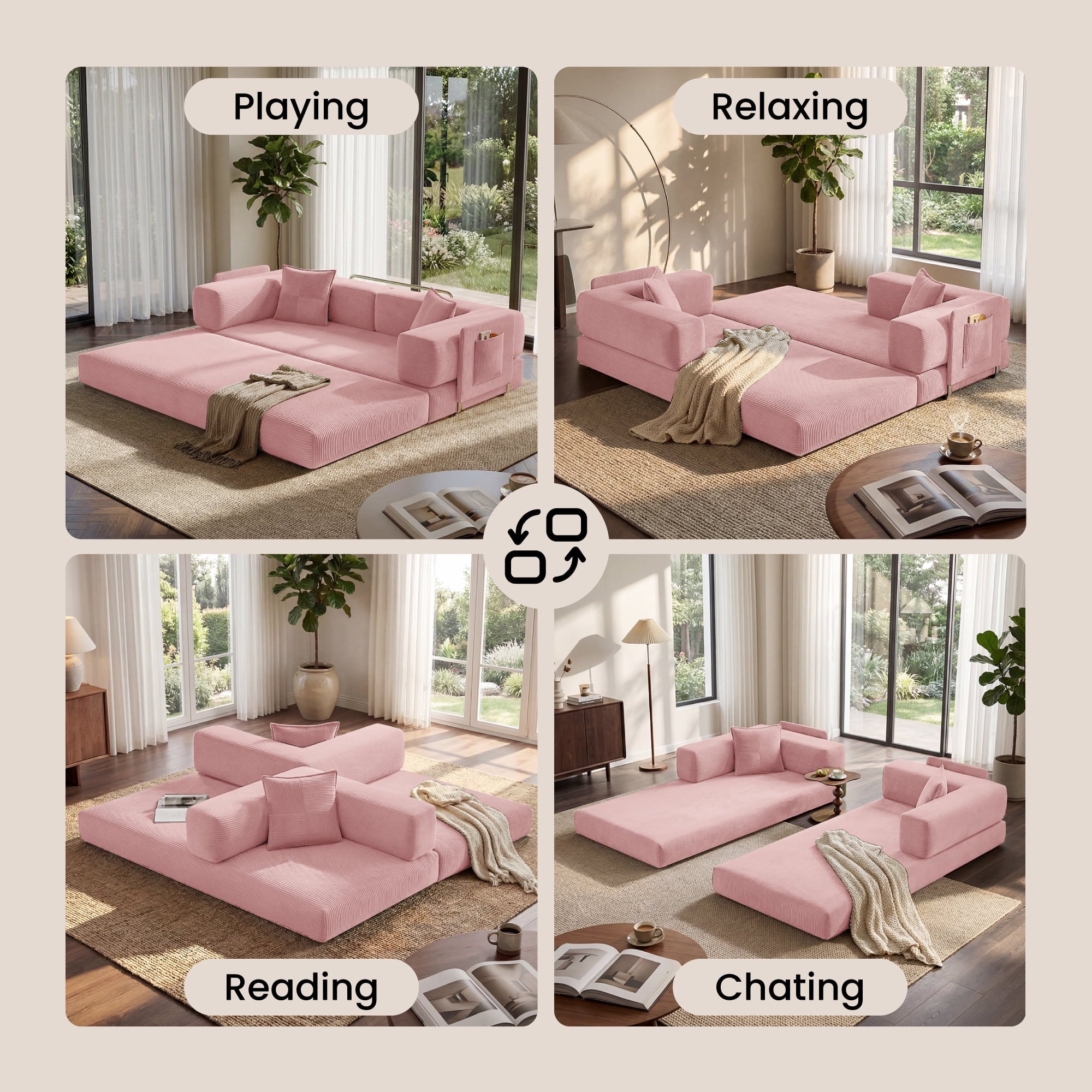 BELHOME 5-in-1 Convertible Sofa Bed, 78.8 Sleeper Sofa Boneless Couch with Side Pockets, Folding Floor Sofa Compression Sofa for Living Rooms No Assembly Required
