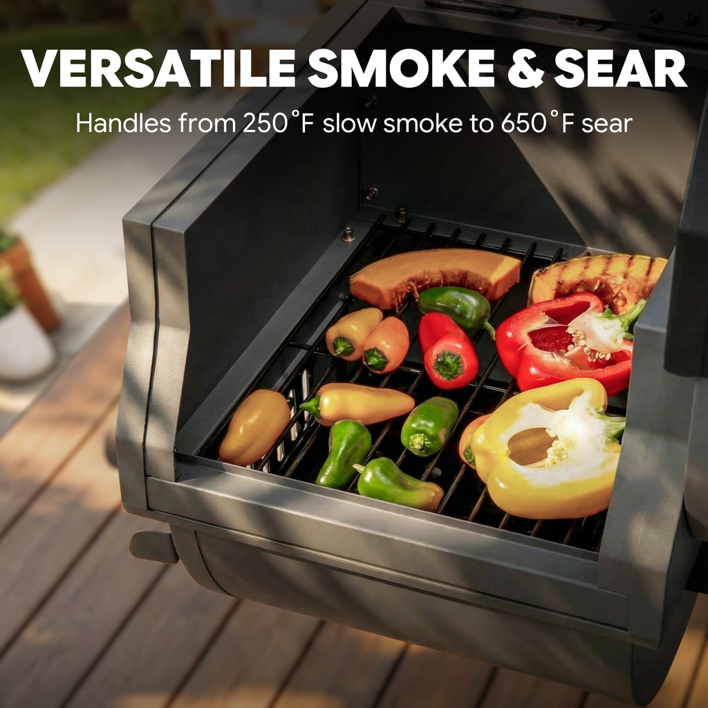 Feasto 30-inch Heavy-Duty Charcoal Grill with Offset Smoker - Digital Temperature Control & 2 Meat Probes, 815 Sq. In. Cooking Space for Backyard Bbq
