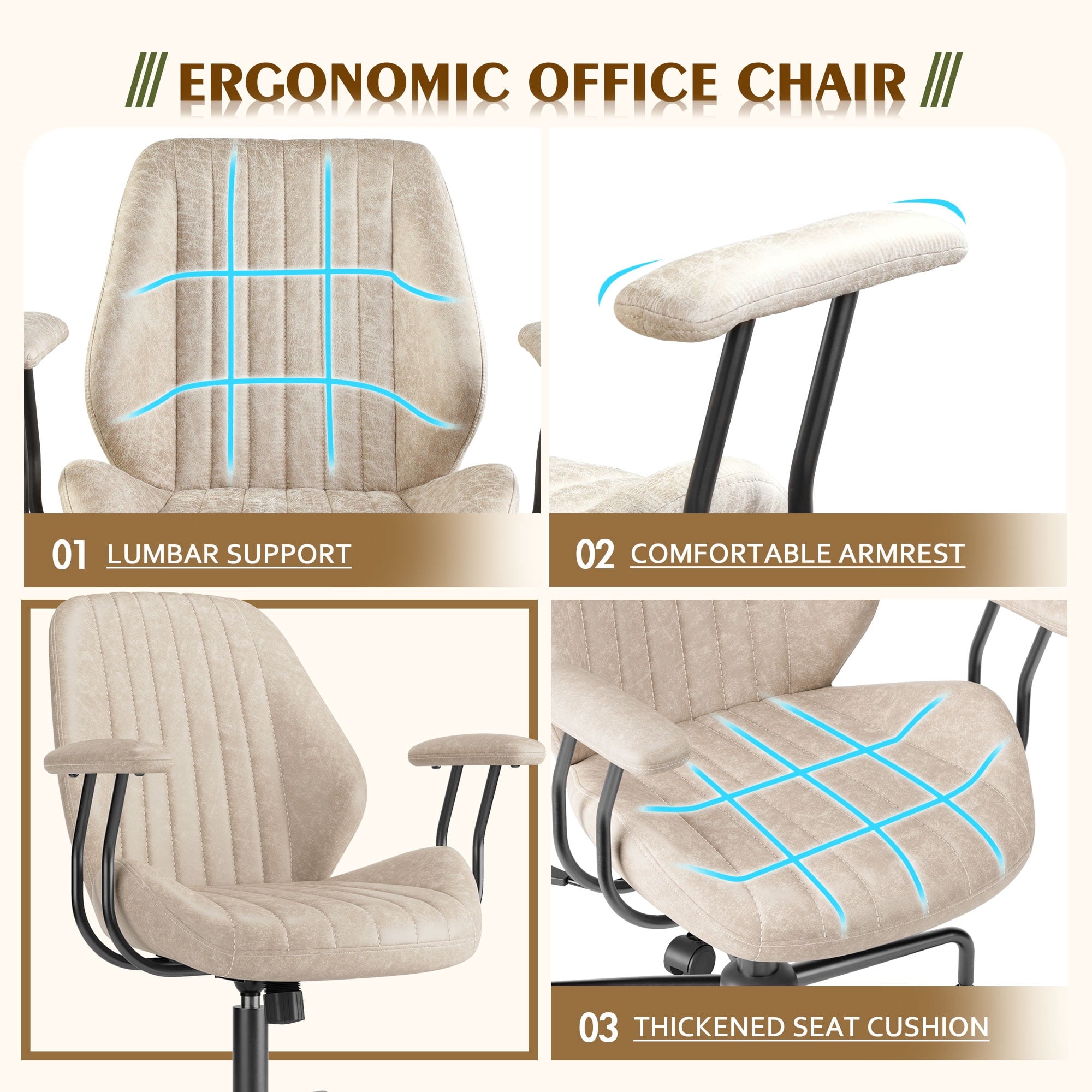 Toject Ergonomic Office Chair, High Back Big Comfy Home Office Chair with Lumbar Support, Mid-Century Modern Computer Executive Office Chair, Brown