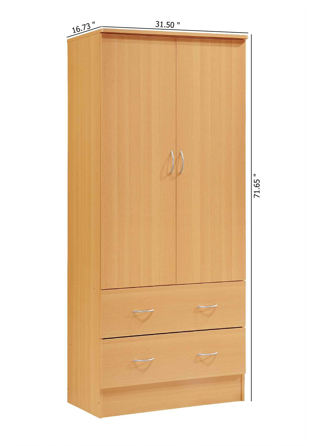Hodedah 2-Door Armoire with 2-Drawers and Clothing Rod in Black
