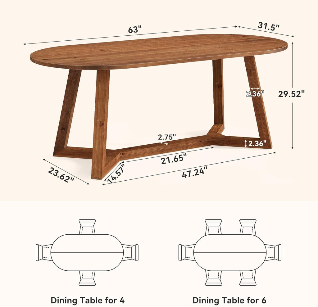 Tribesigns 63 Solid Wood Oval Dining Table, Farmhouse Kitchen Table for 4-6 People, Rusitc Wooden Dinner Table for Living Room, Dining Room (Natural Brown)