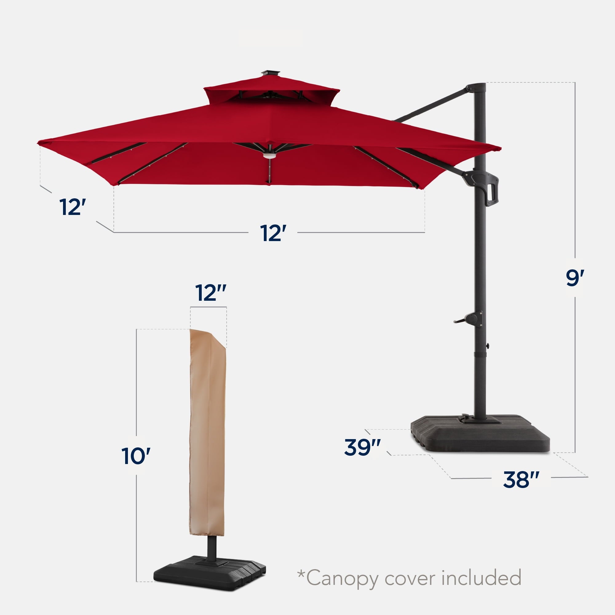 Best Choice Products 12x12ft 2-Tier Square Outdoor Solar LED Cantilever Umbrella w/ 360-Rotating Base   Gray
