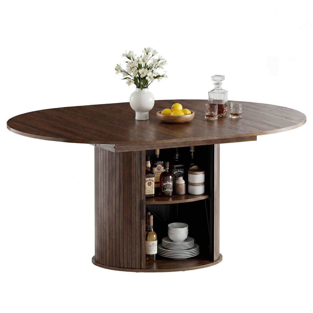 EOP 47″- 63″ Extendable Round Dining Table for 4-6, Wooden Kitchen Table with Hidden Storage and Fluted Sliding Door Cabinet, Modern Space-Saving Table for Dining Room Kitchen, Natural Wood