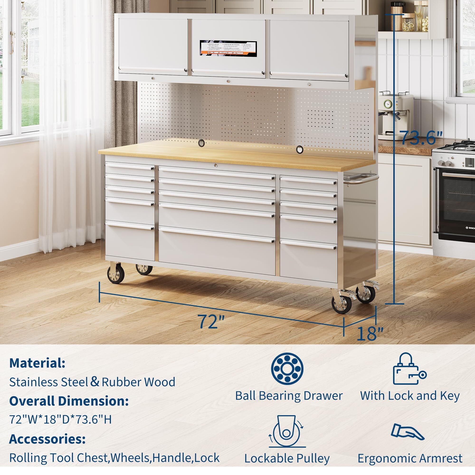 Garvee 61 Tool Chest, Rolling Workbenches with 9 Drawers and Pre-Installed Power Strip for Garage, Workshop, Kitchen