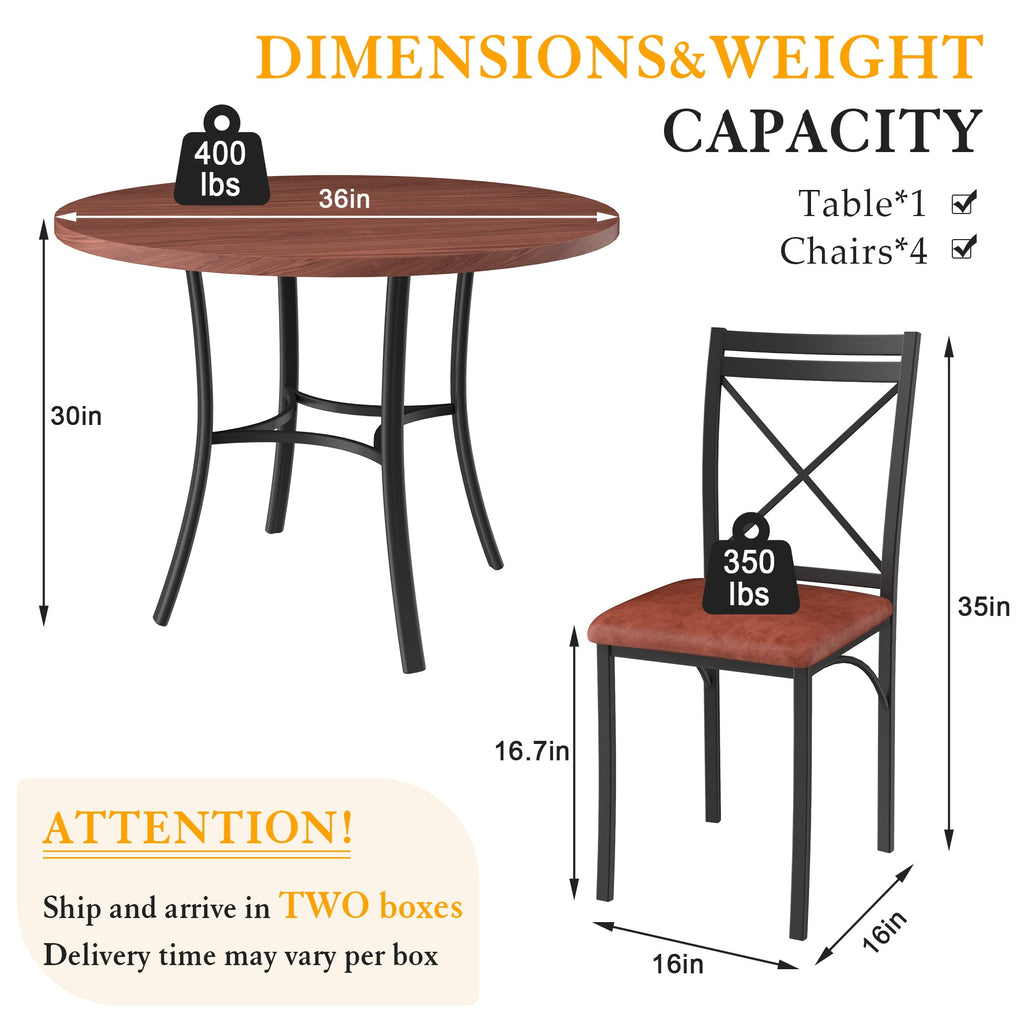 VECELO 5-Piece Dining Table Set, Modern Faux Marble Table and 4 Upholstered Chairs Set for 4, Round Dining Room Table Set for Small Space, Breakfast Nook, Apartment, Black