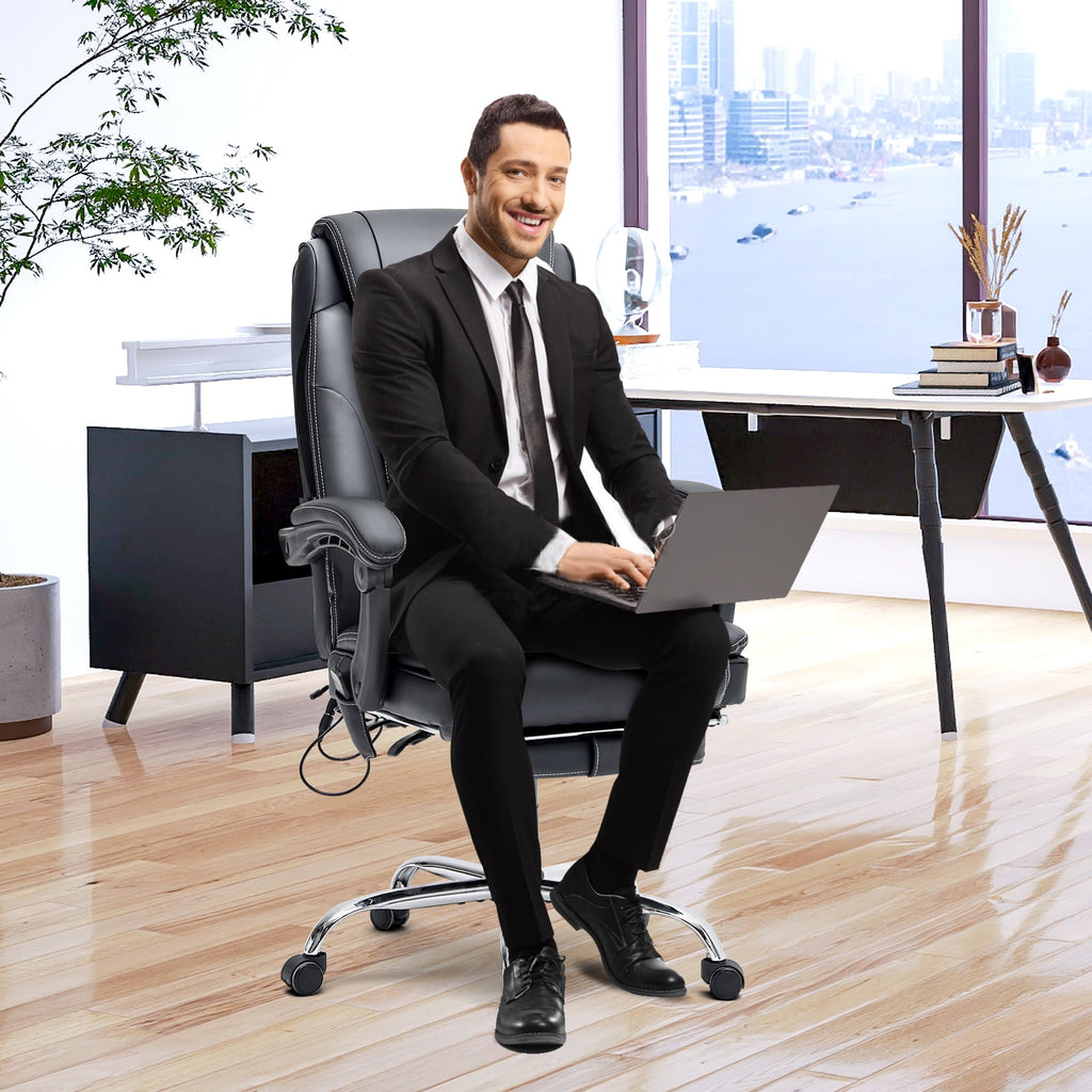 HOMREST Ergonomic Office Chair with 6-Point Massage & Heating, Adjustable Executive Desk Chair with Retractable Footrest, PU Leather Home Office Desk Chair for Home & Office (Black)