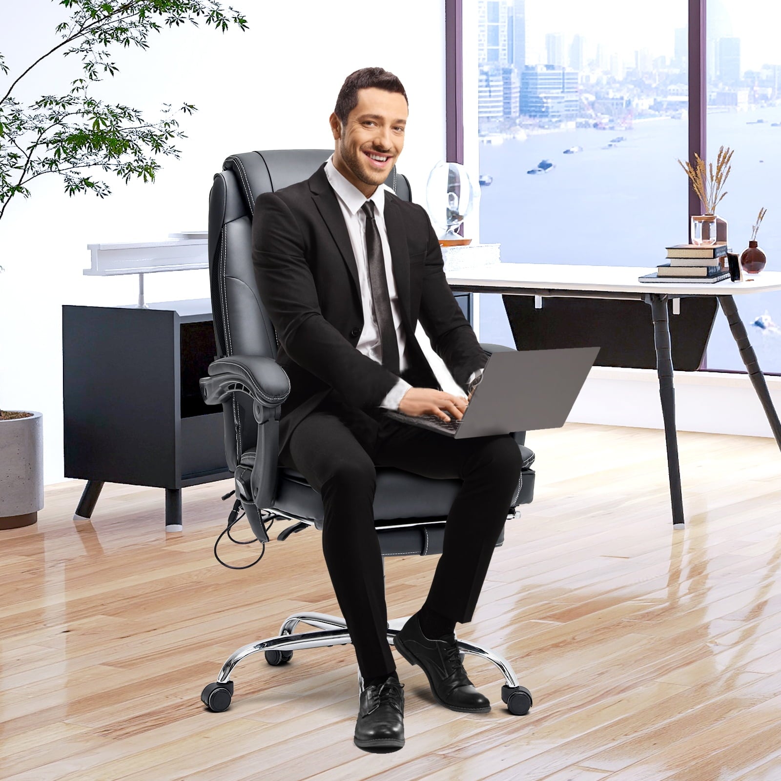 HOMREST Ergonomic Office Chair with 6-Point Massage & Heating, Adjustable Executive Desk Chair with Retractable Footrest, PU Leather Home Office Desk Chair for Home & Office (Black)