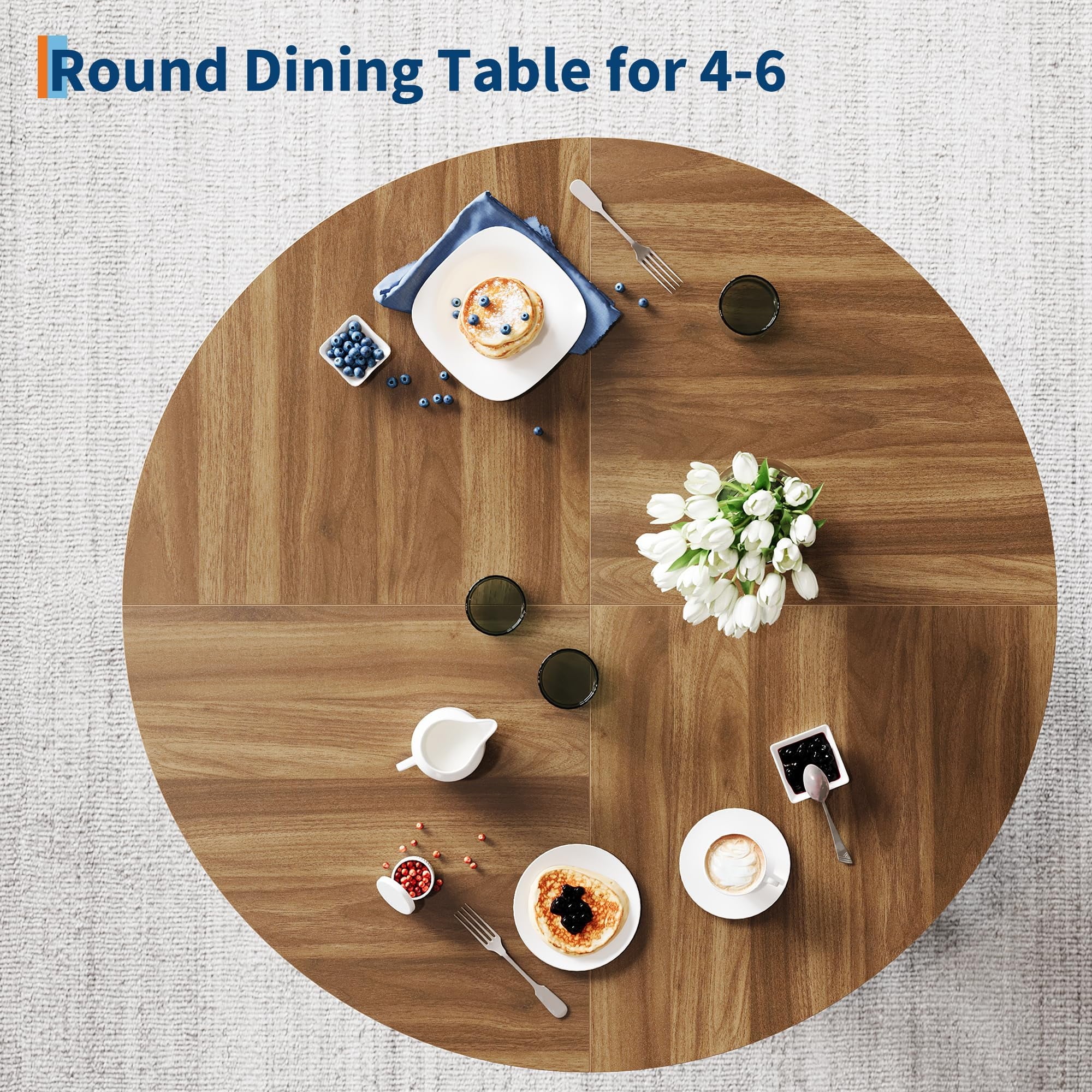47 Round Farmhouse Dining Table for 4 | Sturdy Kitchen Table & Breakfast Nook Centerpiece Space-Saving Design for Dining Room (Table Only)